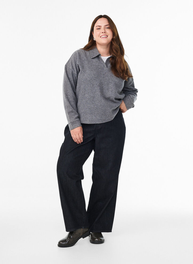 Jersey blouse with collar and V-neck, Dark Grey, Model image number 1