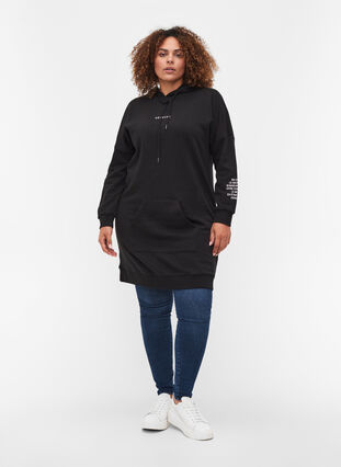 Cotton hoodie sweatshirt dress with text print, Black, Model image number 2