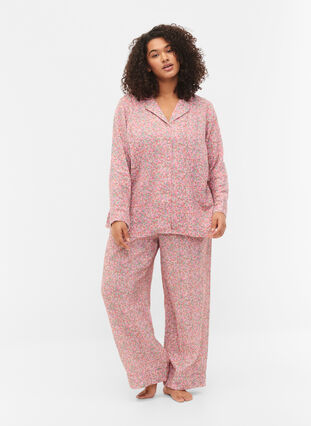 Cotton pyjama top with floral print, Powder Pink, Model image number 2