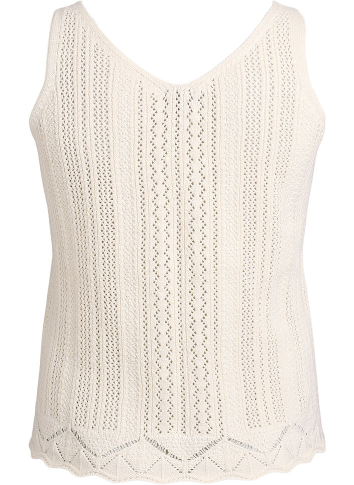 Knitted top with eyelet embroidery and V-neck, Beige, Packshot image number 1