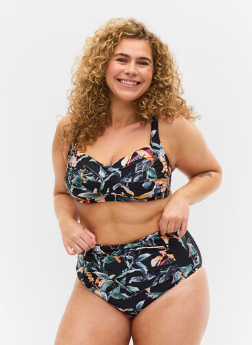 Printed bikini bottoms with extra high waist, Leaf Print, Model image number 0