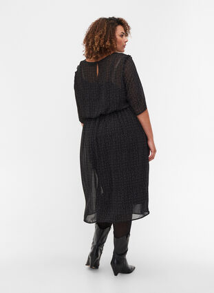 Printed midi dress with 2/4-length sleeves and ruffled details, Black AOP, Model image number 1