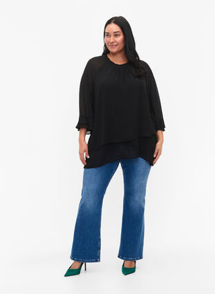 Blouse with asymmetric hem and 3/4 sleeves, Black, Model image number 2