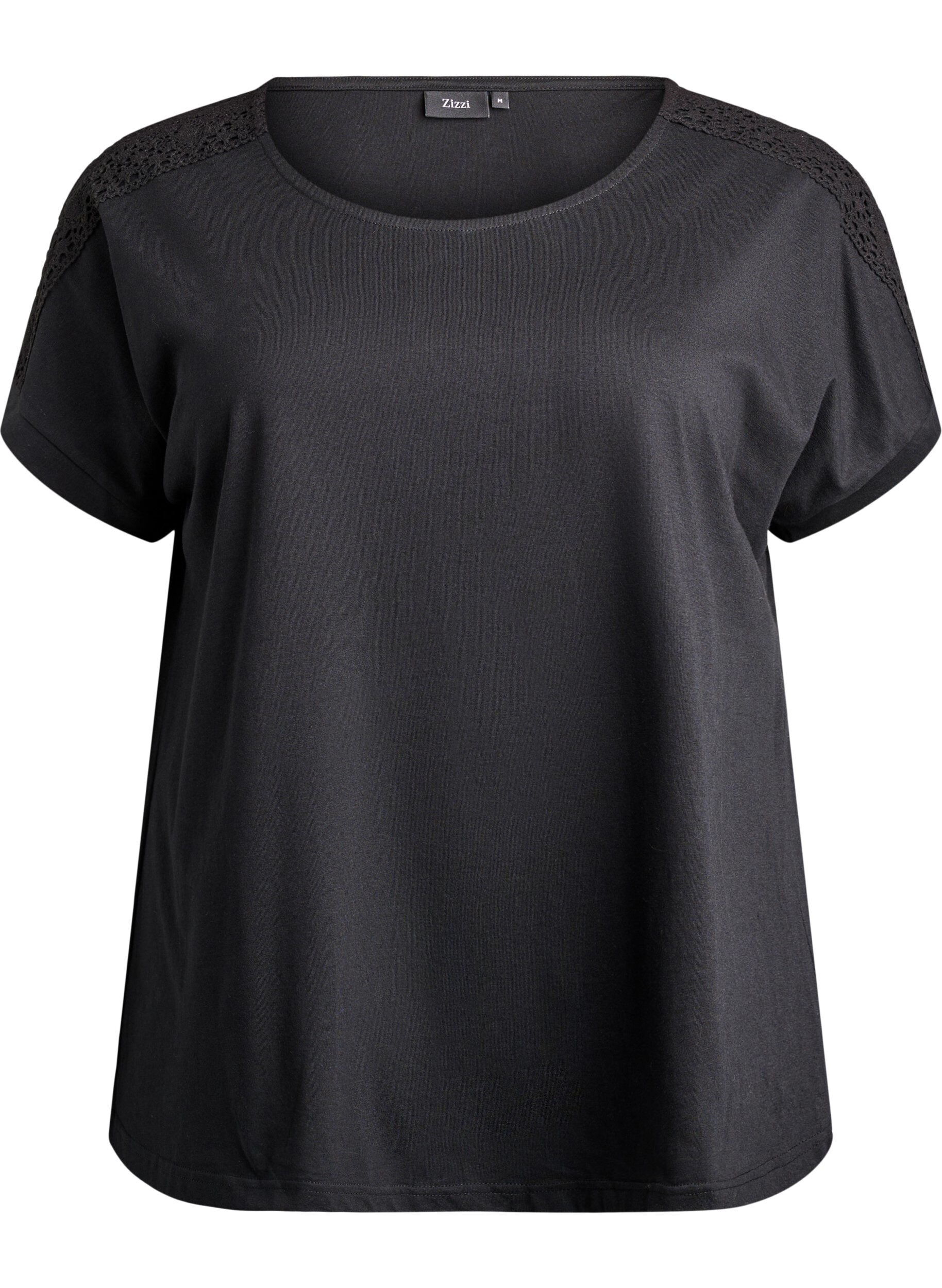 ZizzifashionCotton T-shirt with crochet detail, Black, Packshot image number 0