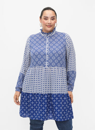 A-shape dress with patterns and cutlines, Blue AOP, Model image number 0
