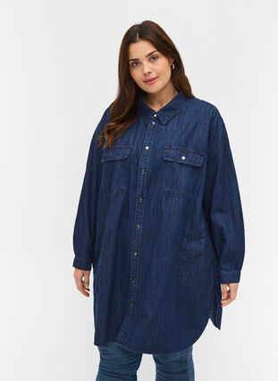 Oversized denim shirt in cotton, Dark blue denim, Model image number 0