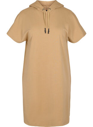 Hooded short-sleeved sweat dress, Tannin, Packshot image number 0