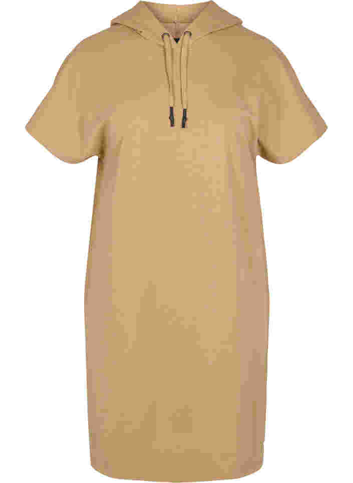Hooded short-sleeved sweat dress, Tannin, Packshot image number 0