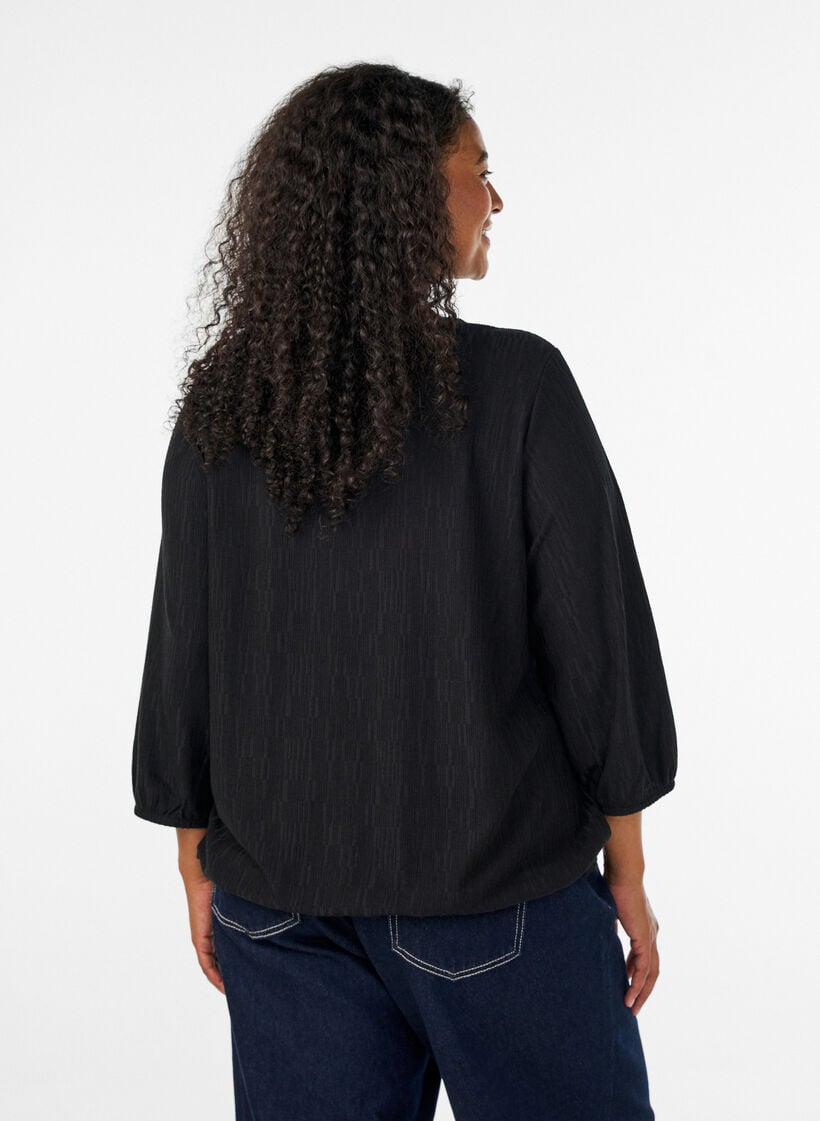 Blouse with texture and 3/4 sleeves, Black, Model image number 2