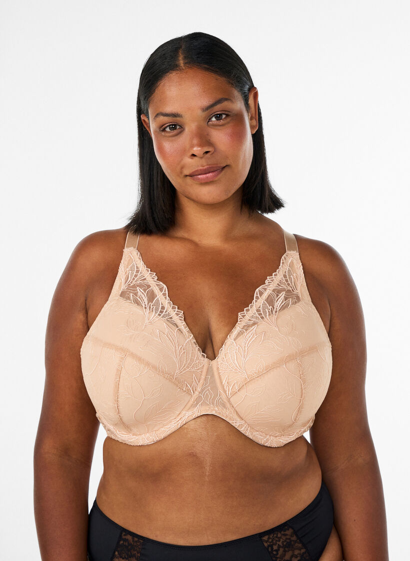 Padded lace bra with underwire, Beige, Model image number 0