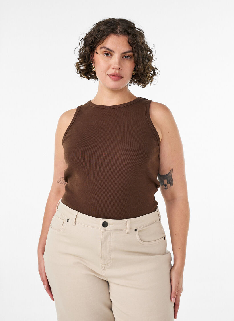 Cotton ribbed top with high neck, Brown, Model image number 0