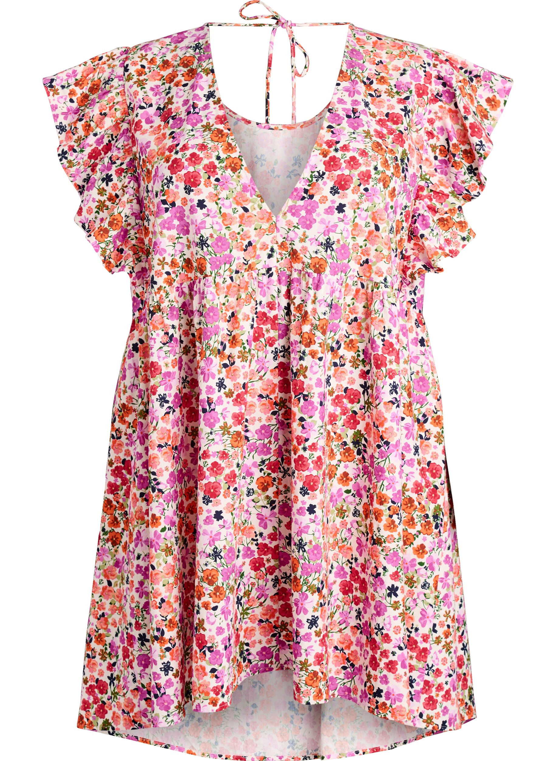 Floral cotton dress with ruffles and V-neck
