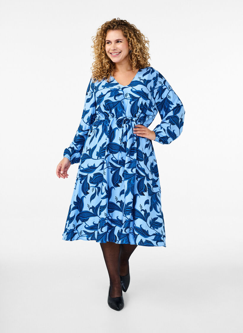 Long-sleeved dress with paisley print and tie belt, Blue, Model image number 0