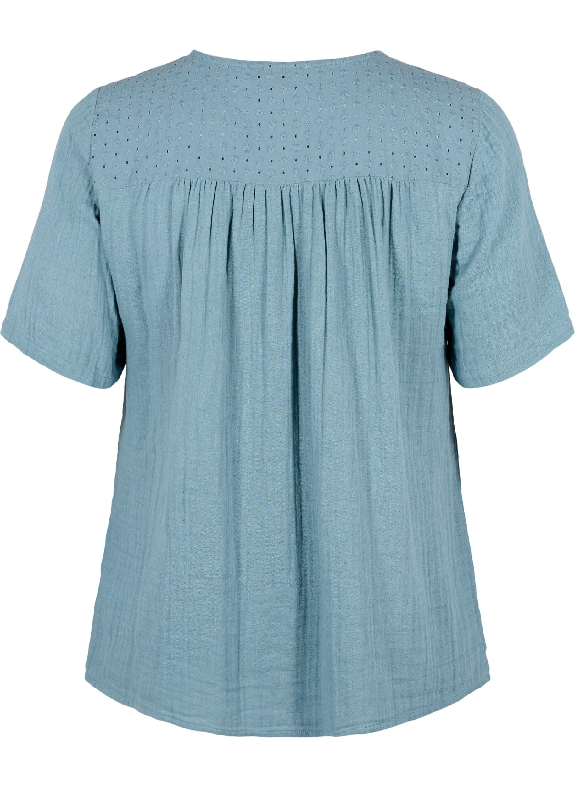 Zizzifashion Cotton blouse with embroidery and short sleeves, Smoke Blue, Packshot image number 1