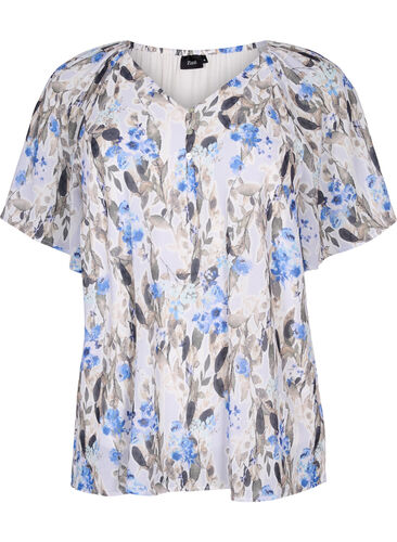 Short-sleeved printed blouse, Blue Flower AOP, Packshot image number 0