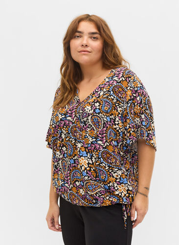Short-sleeved polka dot wrap blouse, Black G. Sky Paisley, Model image number 0