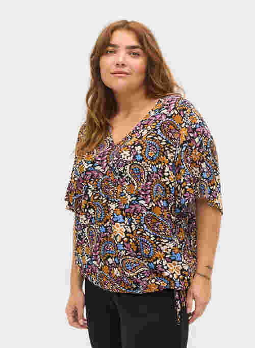 Short-sleeved paisley wrap blouse