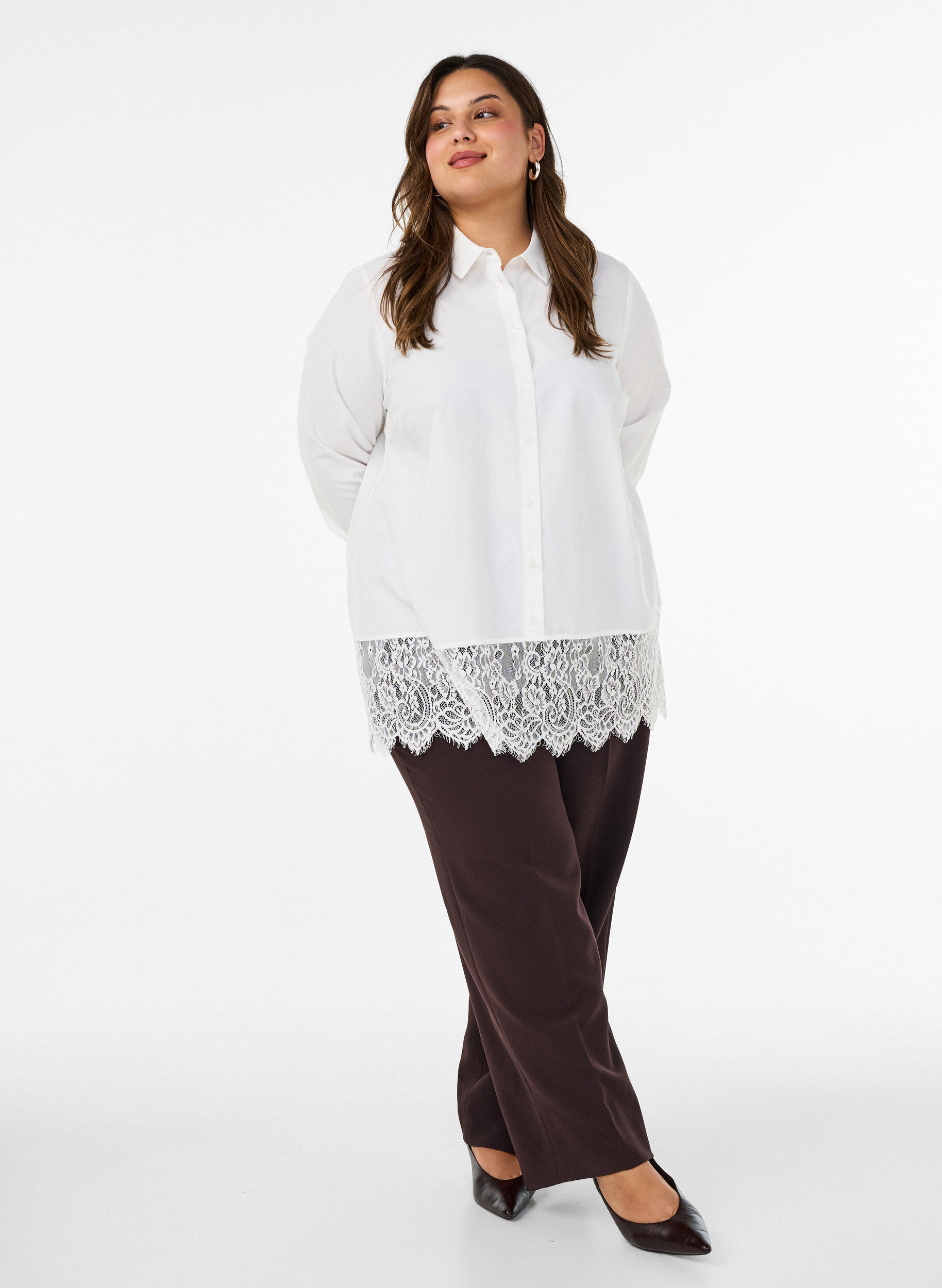 ZizzifashionLoose shirt with a wide lace trim, White, Model image number 1