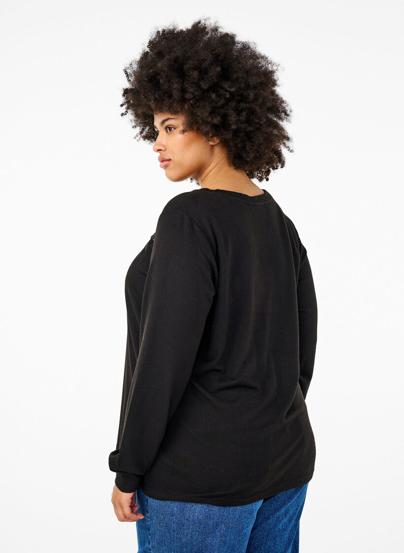 Blouse with embroidery and rhinestones, Black, Model image number 1