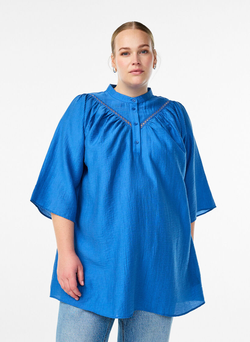 Tunic with crochet trims and striped texture, Blue, Model image number 0