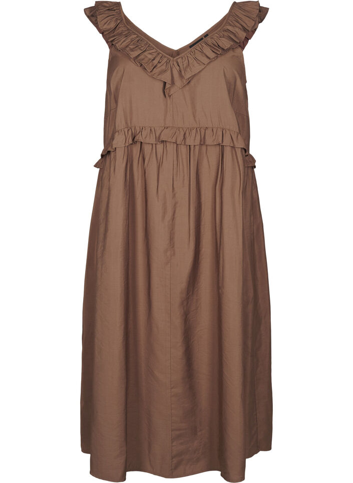 Sleeveless midi dress with ruffle details, Brown, Packshot image number 0