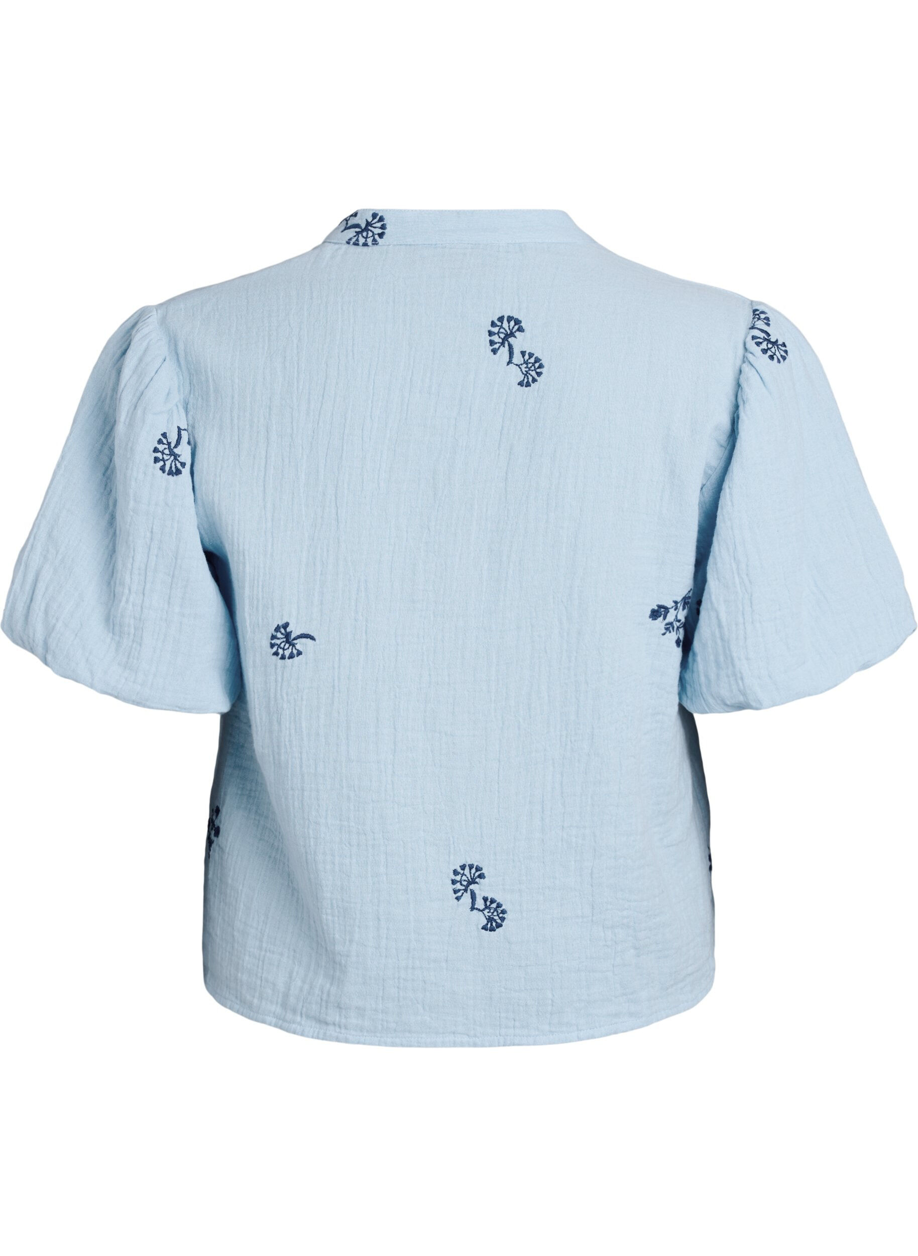 Zizzifashion Blouse in cotton muslin with balloon sleeves and embroidered details, Light Blue, Packshot image number 1