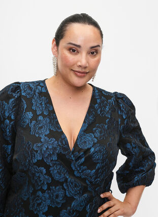 Jacquard wrap dress with 3/4 sleeves, Black Blue, Model image number 2