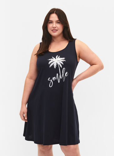 Sleeveless cotton dress with a-shape, Night Sky W. Smile, Model image number 0