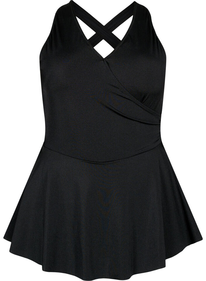 Swim dress with crossed back and skirt, Black, Packshot image number 0