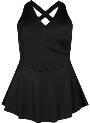 Swim dress with crossed back and skirt, Black, Packshot image number 0
