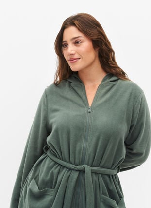 Morning robe with zipper and hood, Balsam Green, Model image number 2