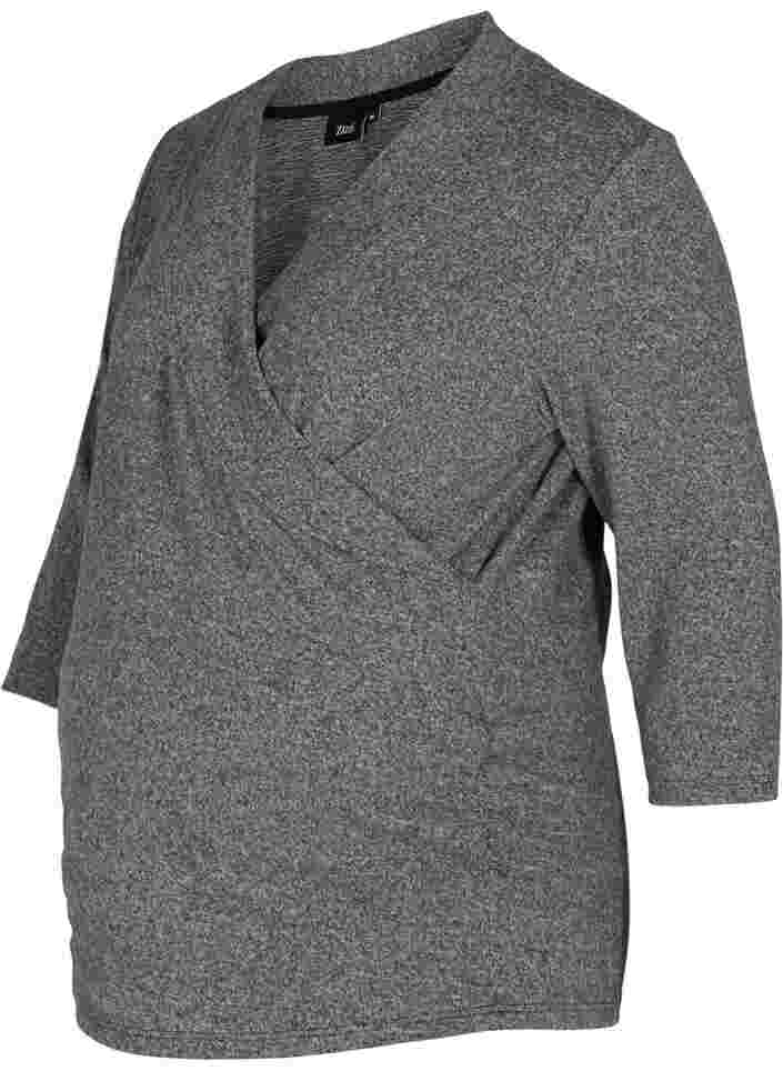 Maternity blouse with 3/4 sleeves and V-neck, Dark Grey Melange, Packshot image number 0