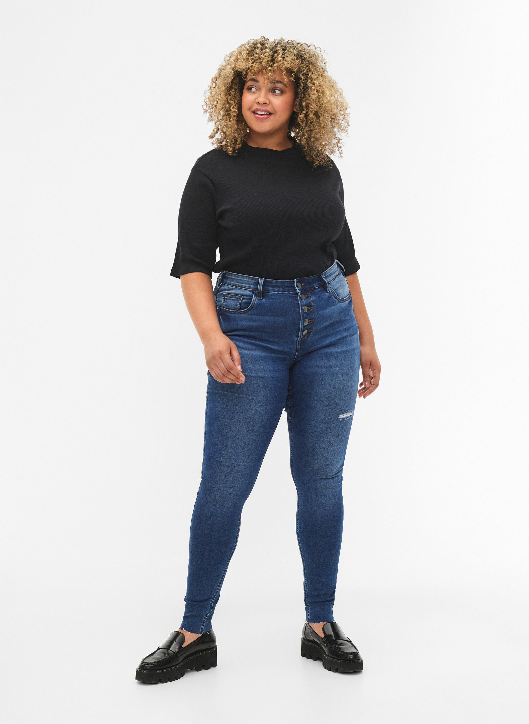 Zizzifashion High-waisted Amy jeans with buttons, Blue denim, Model image number 0