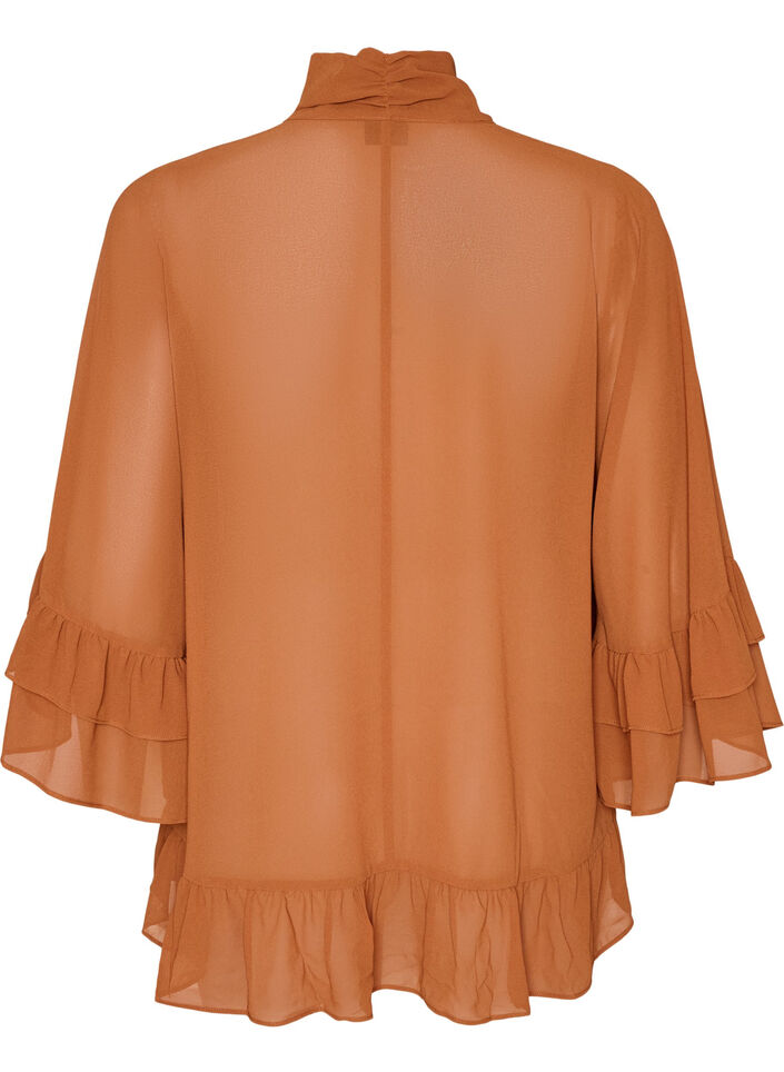 Blouse with ribbon tie and ruffle details, Brown, Packshot image number 1