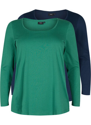 Basic cotton blouse 2-pack, Antique Green/Navy, Packshot image number 0
