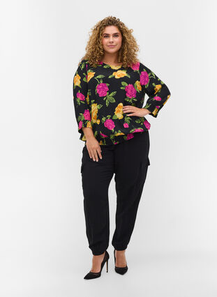 Floral viscose blouse with 3/4-length sleeves and smocking, Black Flower AOP, Model image number 2
