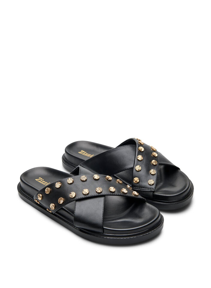 Sandal with criss-cross straps and decorative studs, Black, Packshot image number 1
