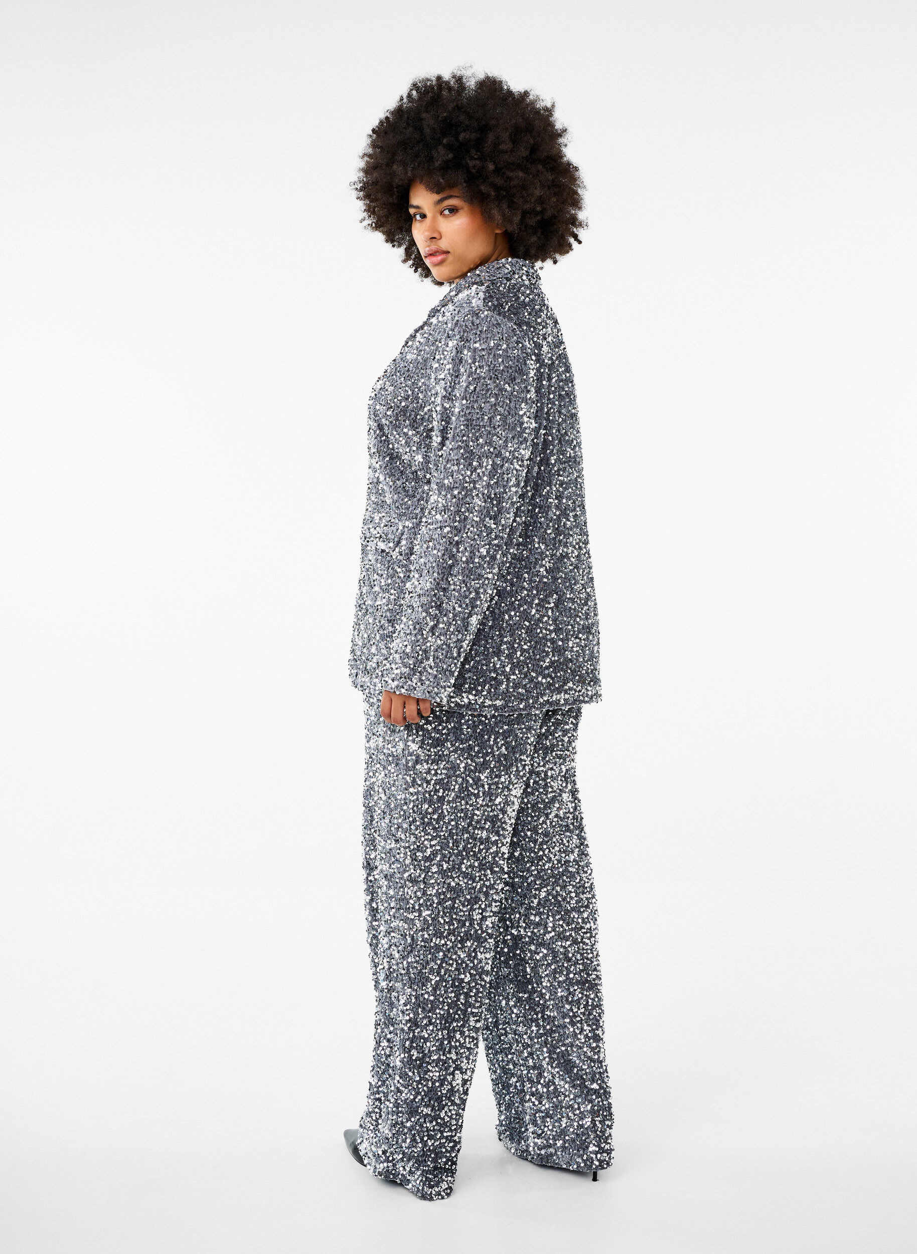 Zizzifashion Loose sequin trousers with high waist, Silver, Model image number 1