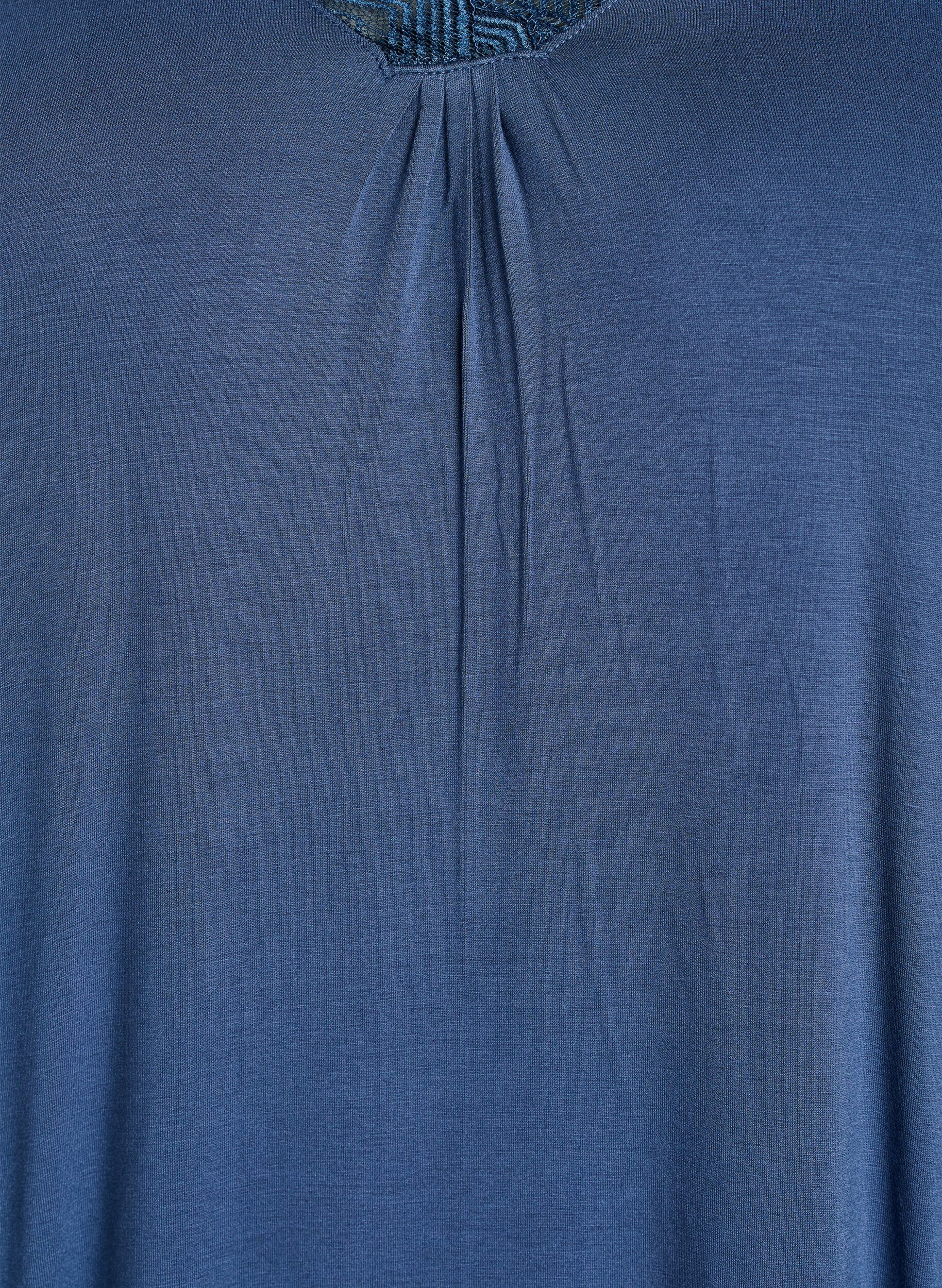 Zizzifashion Viscose nightgown with short sleeves and lace trim, Blue, Packshot image number 2