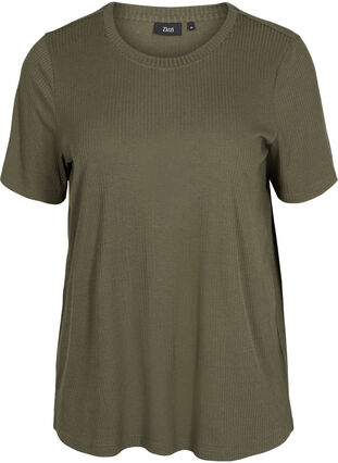 Short-sleeved t-shirt in ribbed fabric, Dusty Olive, Packshot image number 0