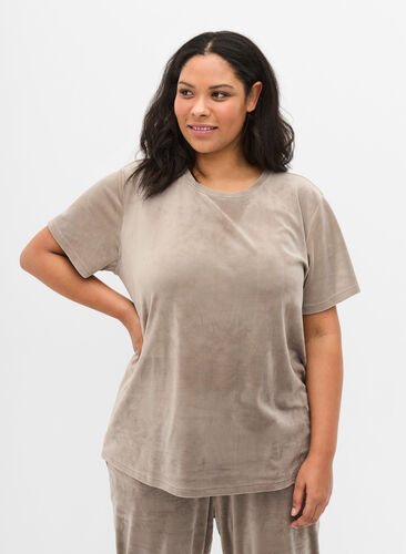Short-sleeved velour t-shirt, Taupe Gray, Model image number 0