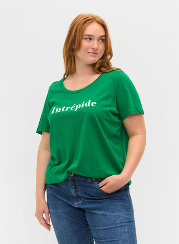 Short sleeve cotton t-shirt with text print, Jolly Green, Model image number 0