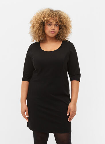Monochrome dress with 3/4 sleeves and slit, Black, Model image number 0