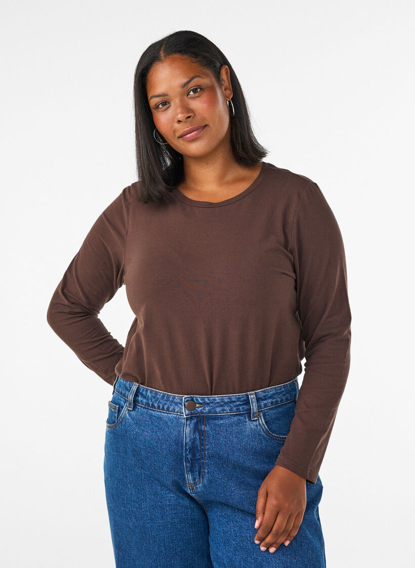 Basic jersey blouse with long sleeves, Brown, Model image number 0