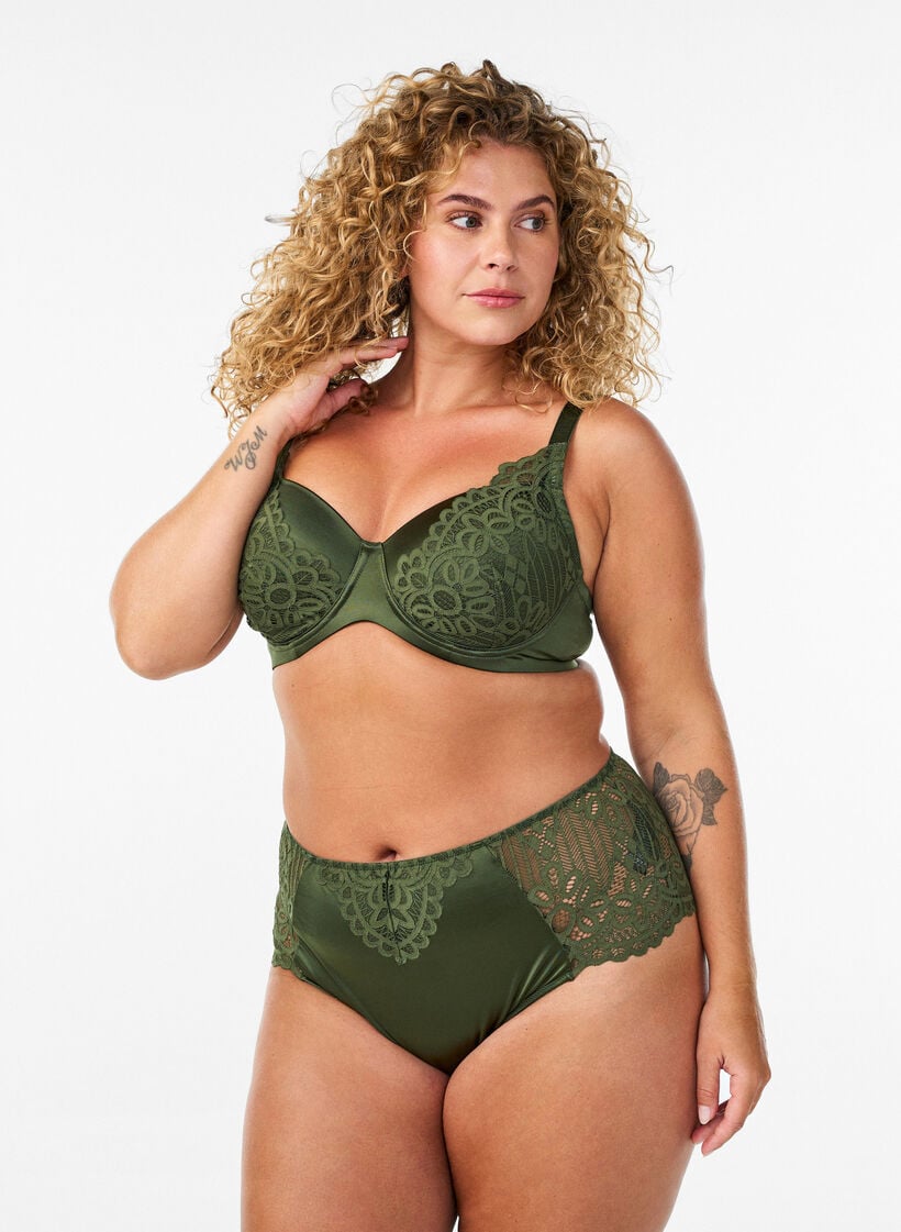 Padded underwired bra with lace, Green, Model image number 1