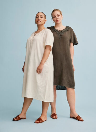 Short-sleeved cotton dress with embroidery, Khaki As Sample, Image image number 0