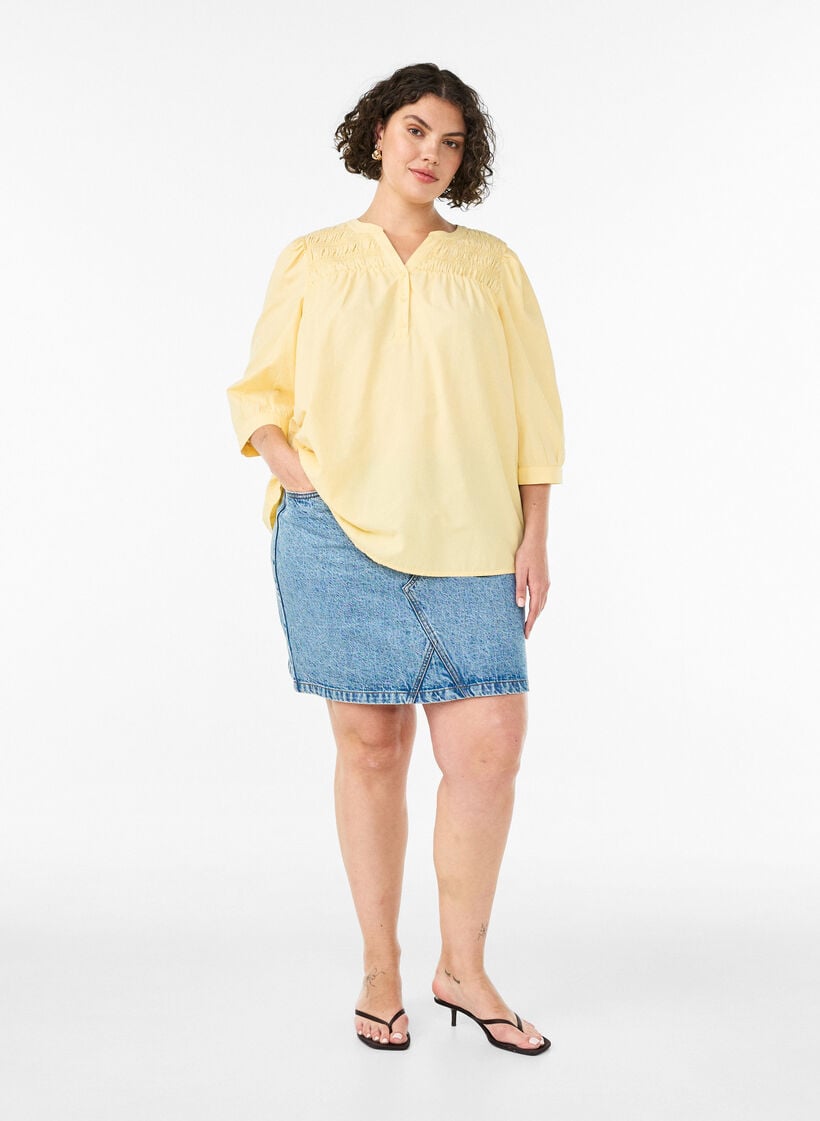 Blouse with smock and 3/4 sleeves, Yellow, Model image number 1