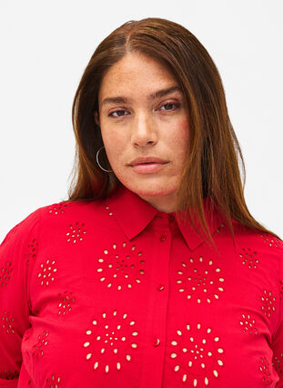 Shirt blouse with embroidery anglaise and 3/4 sleeves, Tango Red, Model image number 2