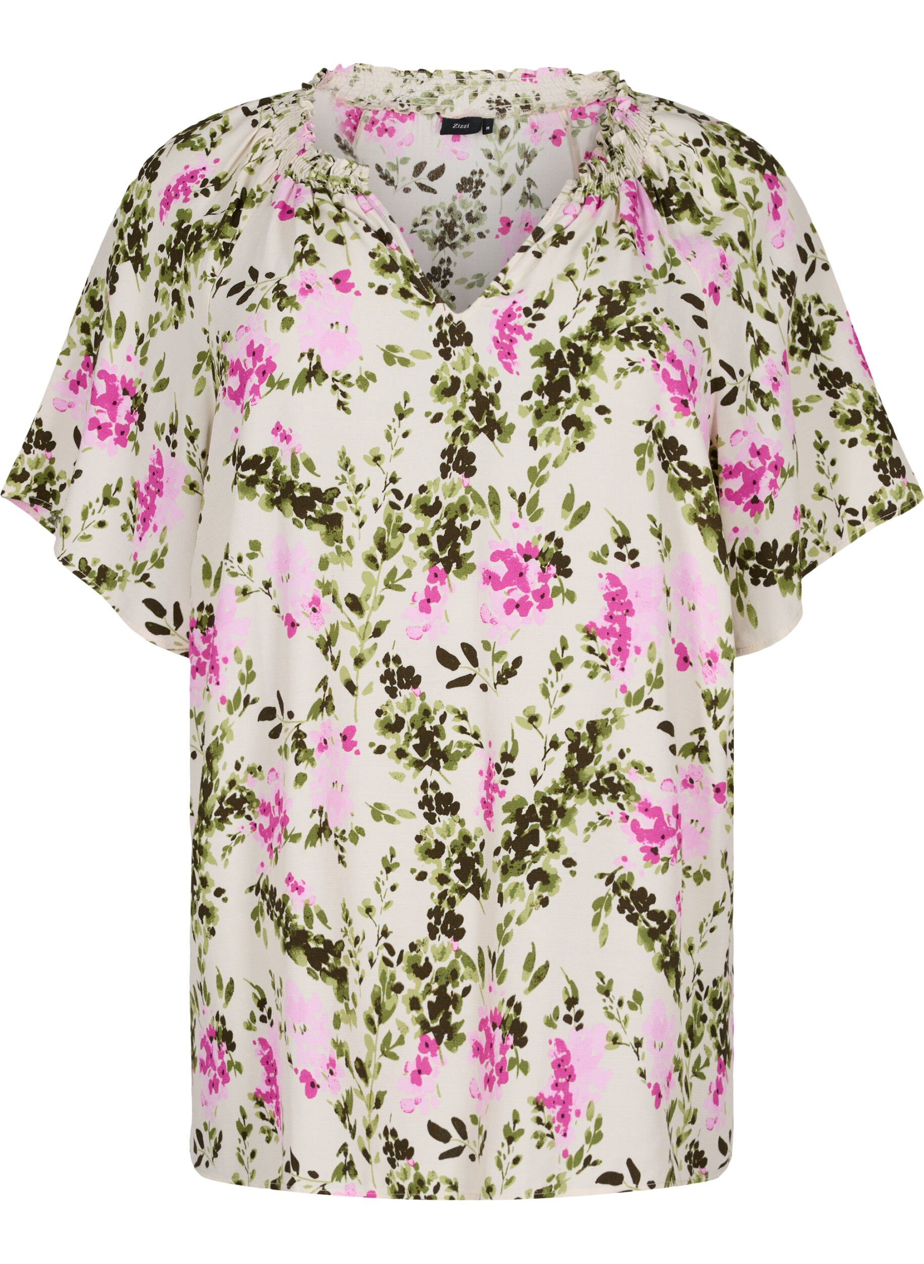 Zizzifashion Viscose blouse with short sleeves, Green Pink AOP, Packshot image number 0