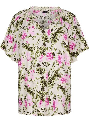Viscose blouse with short sleeves, Green Pink AOP, Packshot image number 0